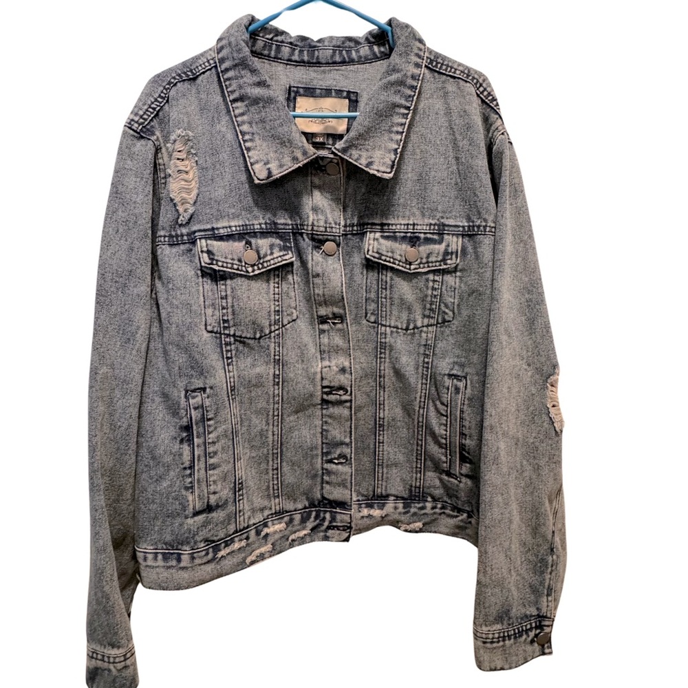 Vintage Ripped Jean Jacket, size 3X, outside pockets, buttoned sleeves
